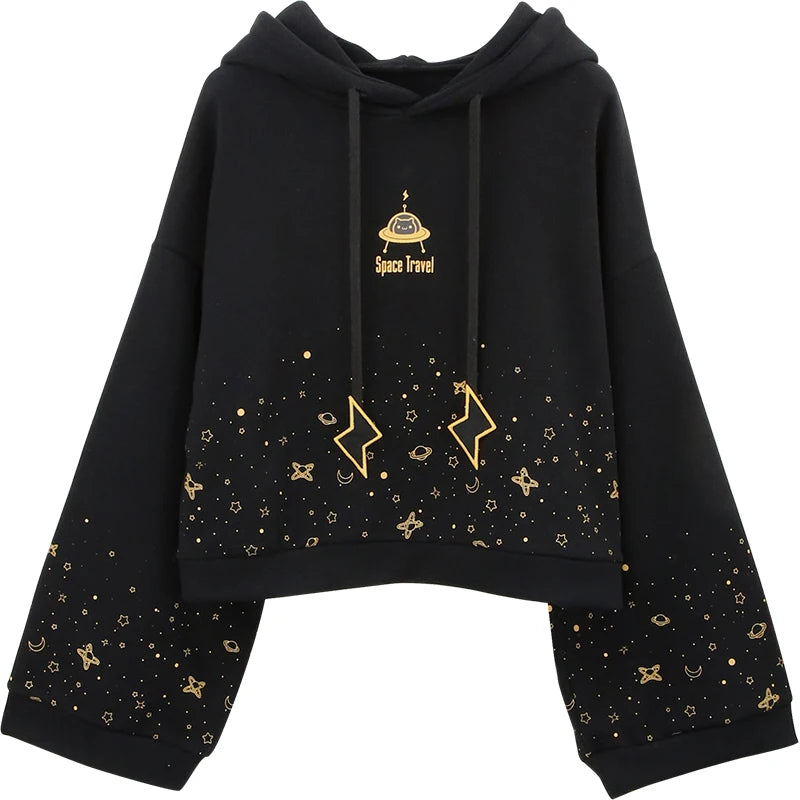 Women’s Hooded Sweatshirt – Space Theme with Cat Riding a Spaceship