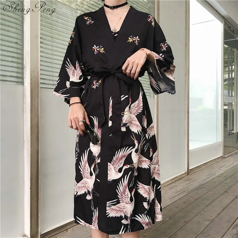 Japanese Kimono Robe Yukata – One Size Women’s Bird & Floral Print