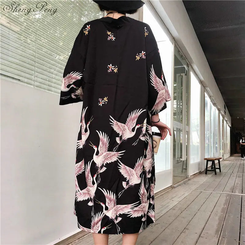 Japanese Kimono Robe Yukata – One Size Women’s Bird & Floral Print