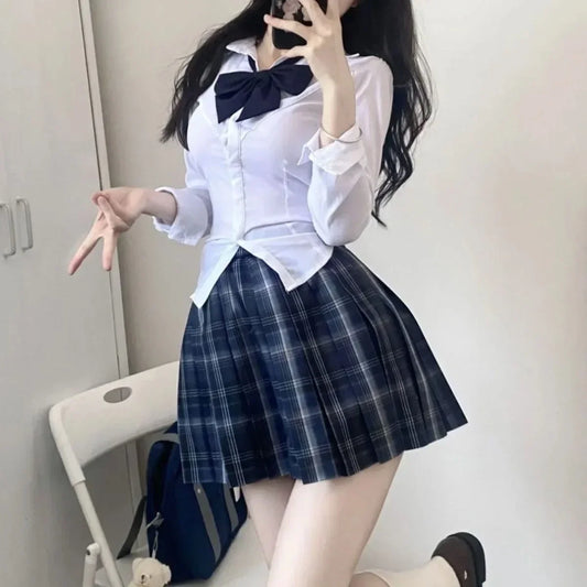 Japanese JK School Uniform Set – Navy Blue Plaid Skirt + Long Sleeve Shirt with Bow (S–8XL)
