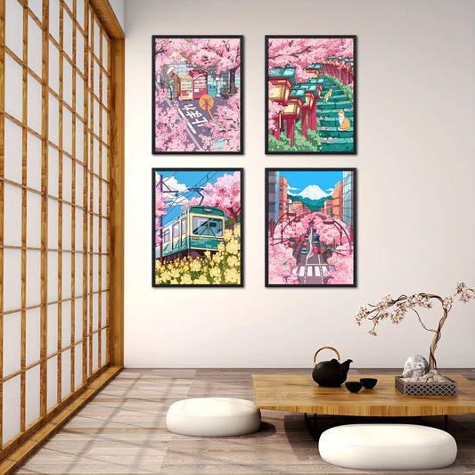 Japanese Cherry Blossom Anime Wall Art Poster – Pink Sakura Canvas Print for Modern Living Room Decor (Unframed)