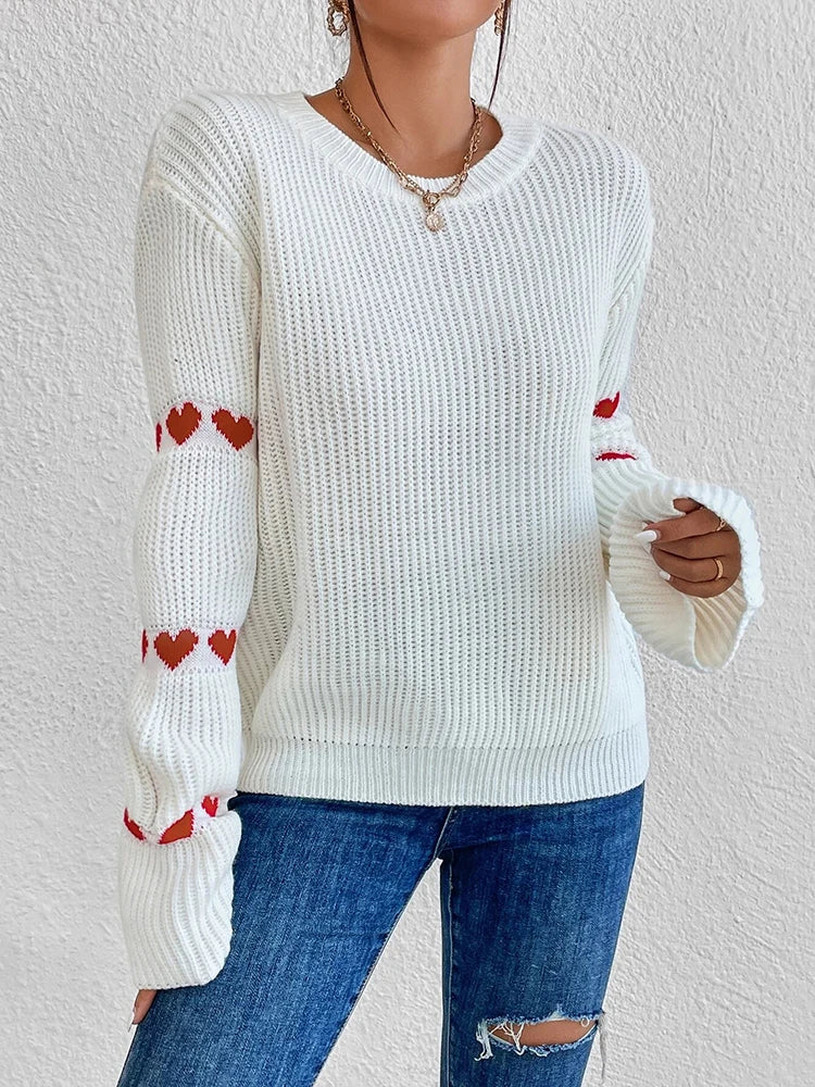 Women’s White Knitted Sweater with Red Heart Sleeves – Elegant Round Neck Solid Color Pullover Top