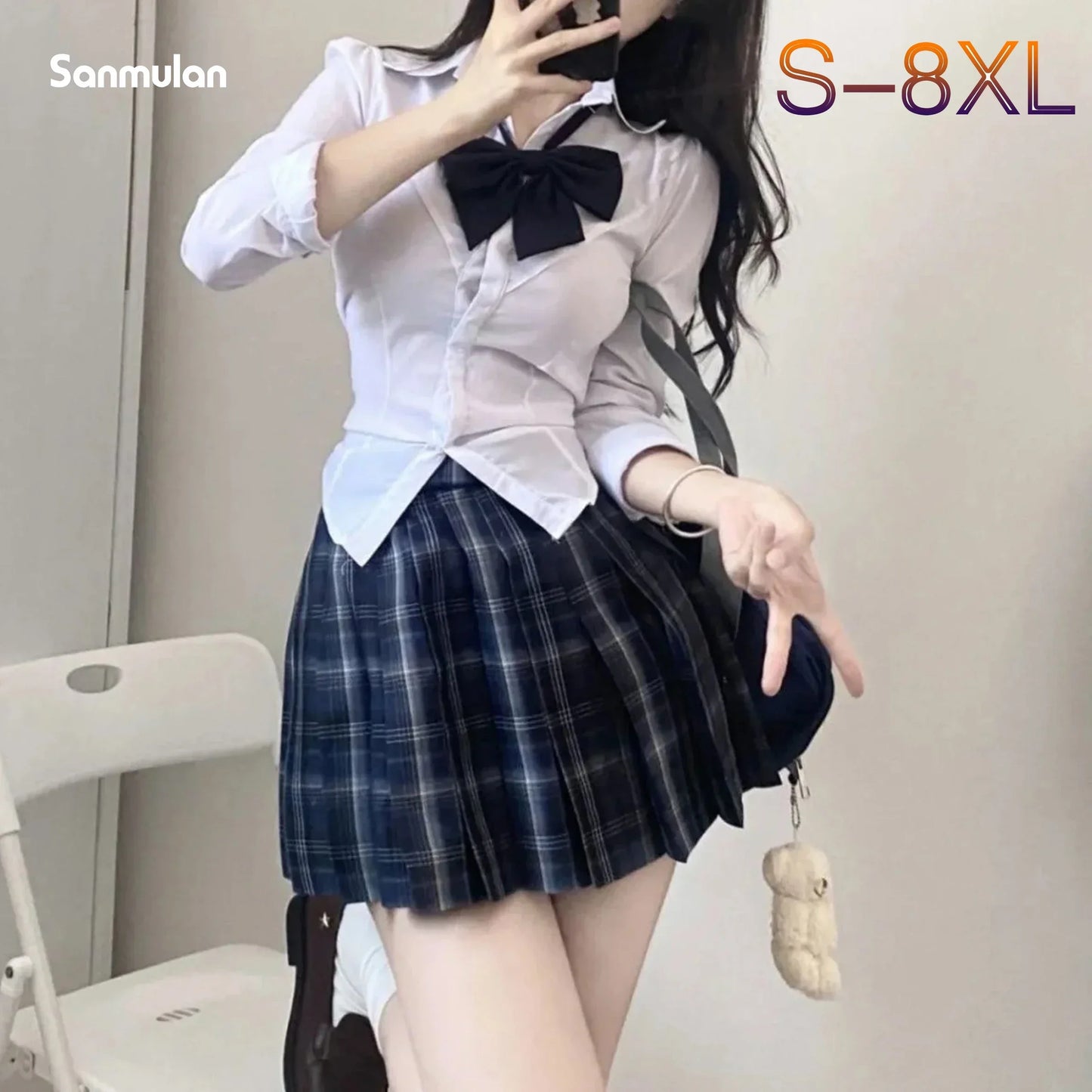 Japanese JK School Uniform Set β Navy Blue Plaid Skirt + Long Sleeve Shirt with Bow (Sβ8XL)