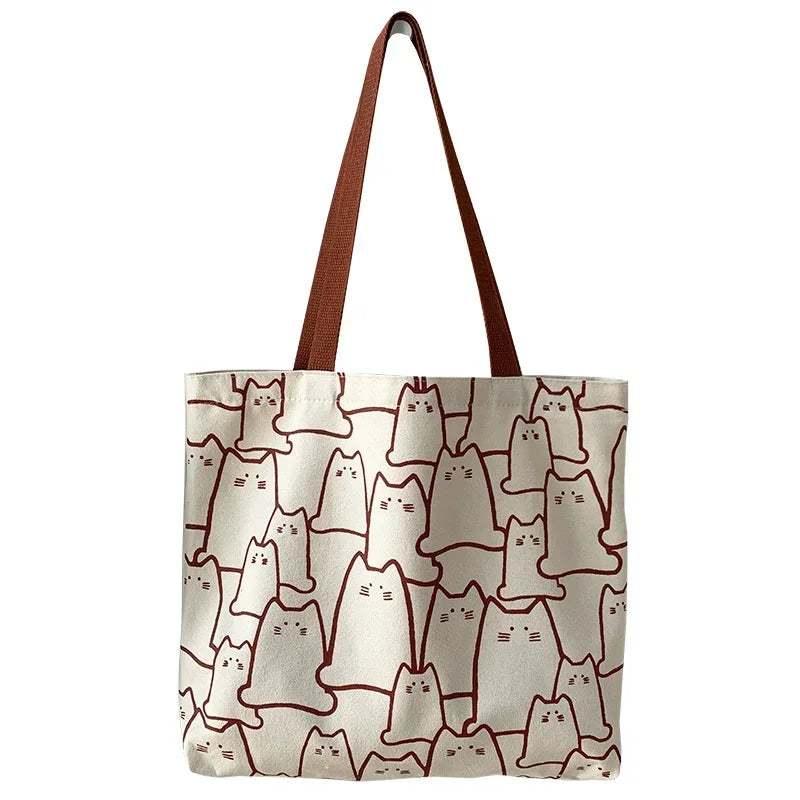 Cute Cat Shopper Handbag | Japanese Cartoon Canvas Tote Bag for Girls & Women
