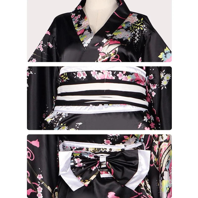 Women’s Black Kimono Robe & Belt Set – Floral Design