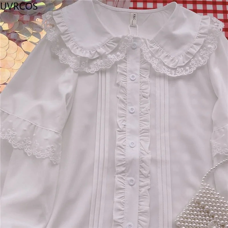 Elegant Women's Long Sleeve White Blouse with Ruffled Details