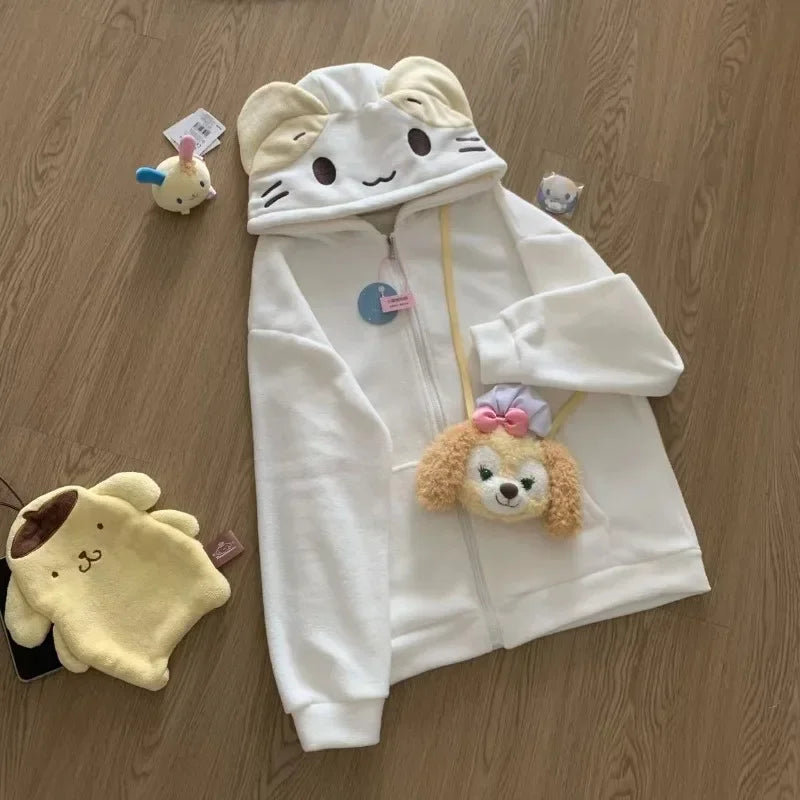 Kawaii Anime Cat Hoodie for Women – Oversized Fleece Pullover with Cat Ears
