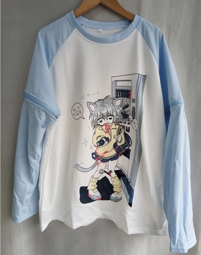 Anime-Themed Detachable Long Sleeve Shirt – Girl with Cat Ears Design