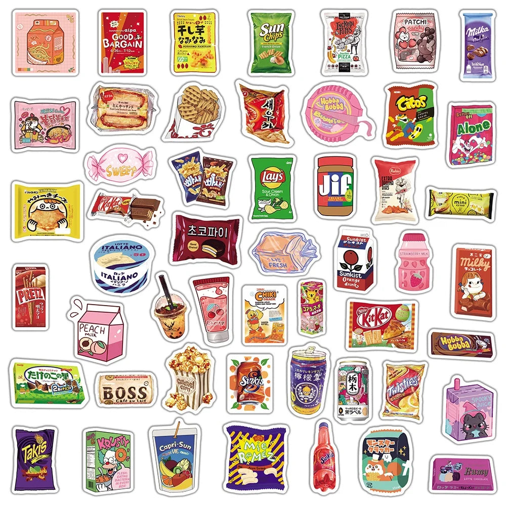 50-piece kawaii cartoon snack food waterproof sticker pack