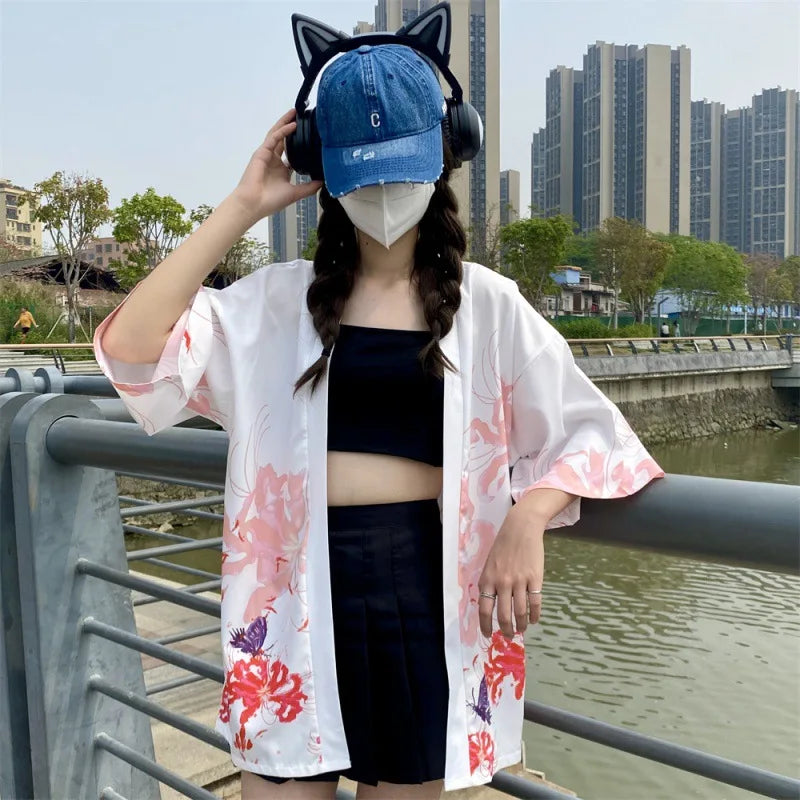 Japanese Flower Print Haori – Elegant Traditional Kimono Cardigan