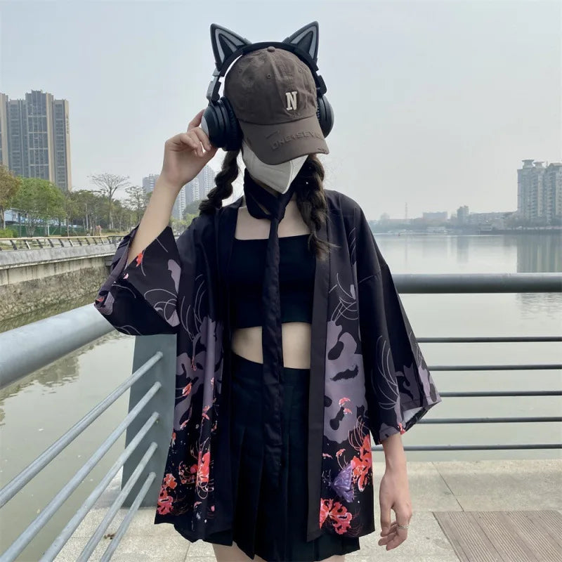 Japanese Flower Print Haori – Elegant Traditional Kimono Cardigan