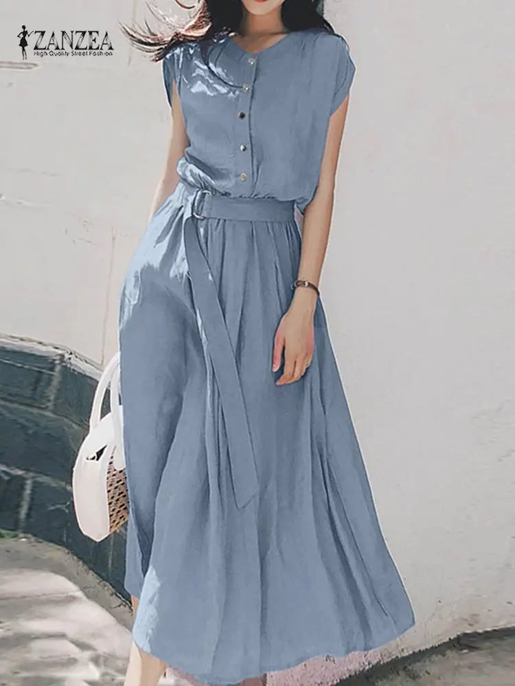 Women's solid color belted button-down midi shirt dress with short sleeves and O-neck, perfect for summer and vacation.