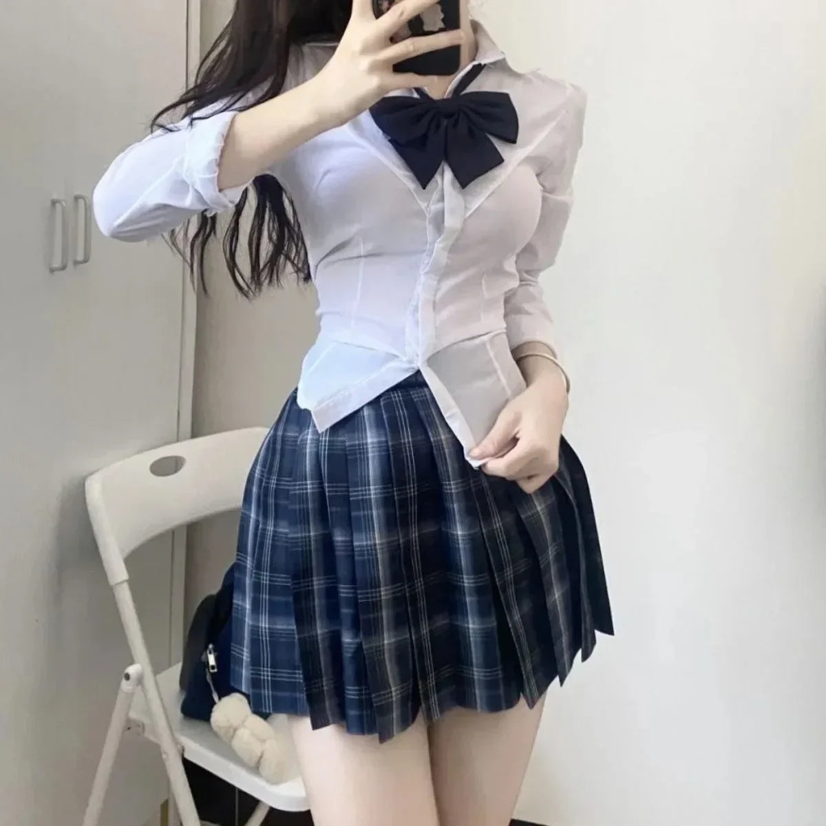 Japanese JK School Uniform Set β Navy Blue Plaid Skirt + Long Sleeve Shirt with Bow (Sβ8XL)
