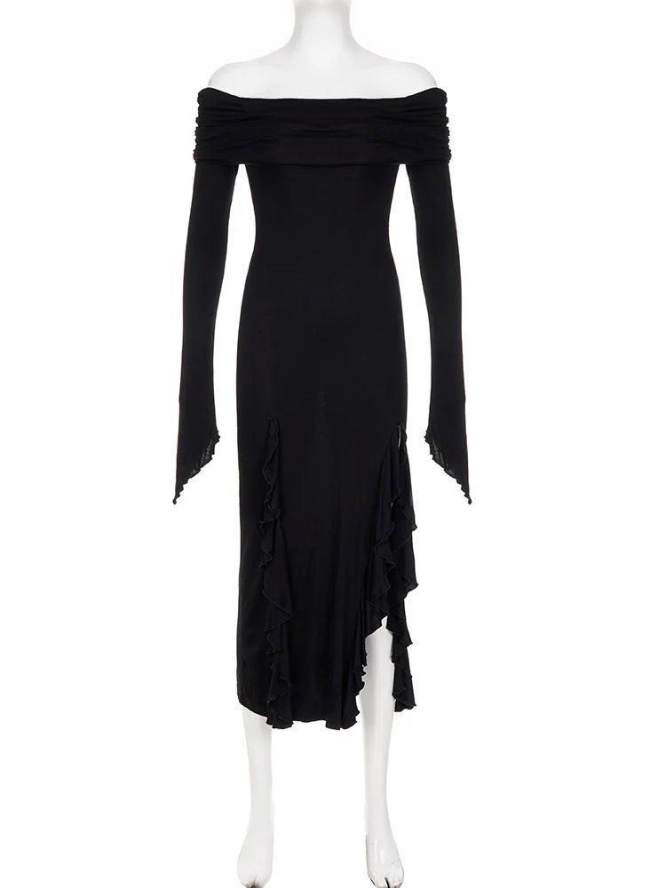 Midnight Siren Gothic Dress – Off-Shoulder Ruffle Slit Maxi