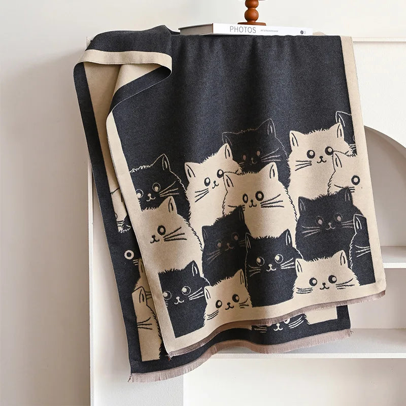 Cute Cat Ladies’ Scarf – Soft Polyester Autumn & Winter Wrap | 65×180cm Cozy Kawaii Cat Print Shawl
