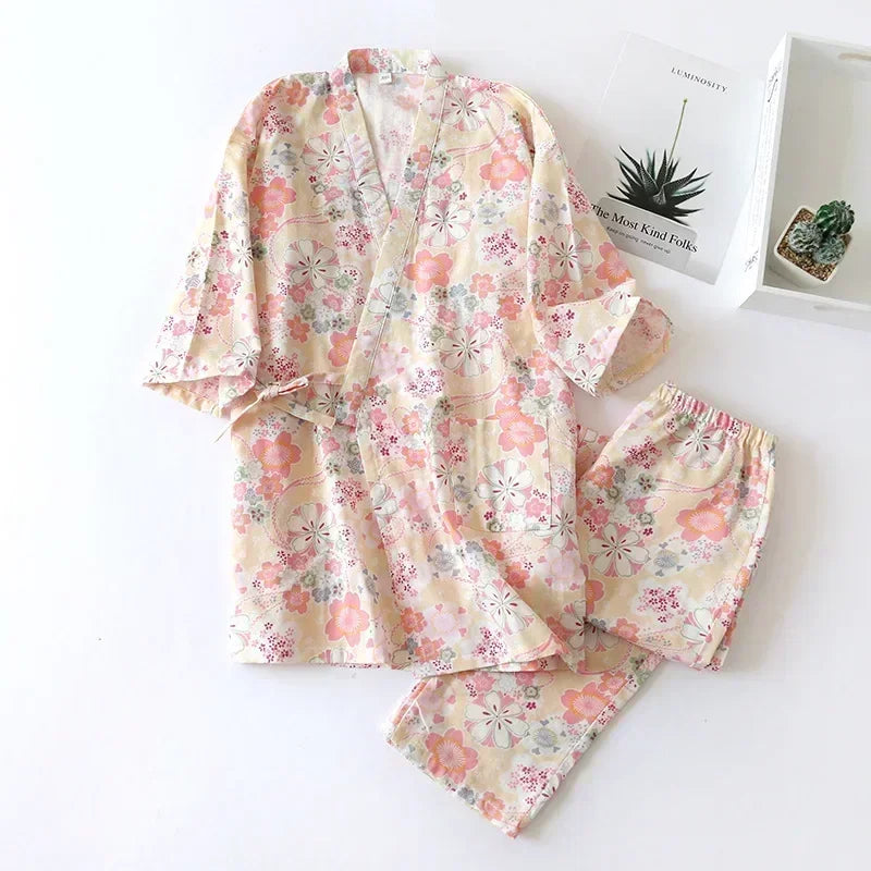 Japanese-Inspired Sakura Kimono Pajama Set | Cherry Blossom Women’s Sleepwear