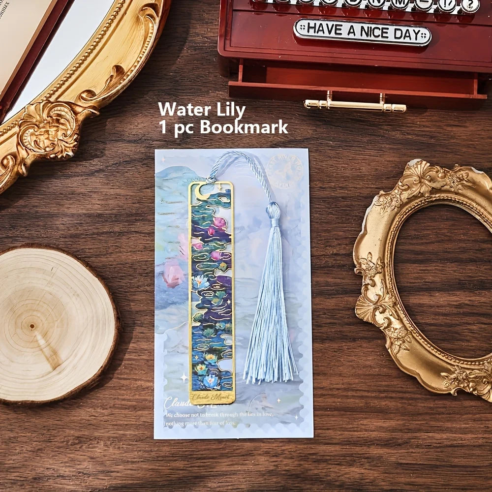 Vintage Oil Painting Metal Bookmarks with Hollow Design & Long Tassel – Perfect Stationery Gift for Book Lovers & Book Clubs