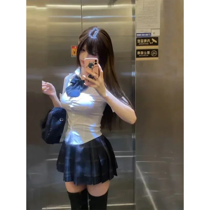 Japanese JK School Uniform Set β Navy Blue Plaid Skirt + Long Sleeve Shirt with Bow (Sβ8XL)