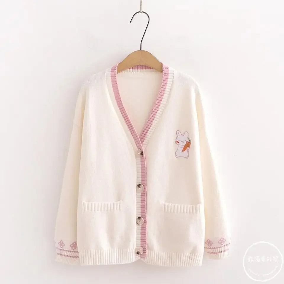 Women’s V-Neck Cardigan – Cute Rabbit with Carrot Design