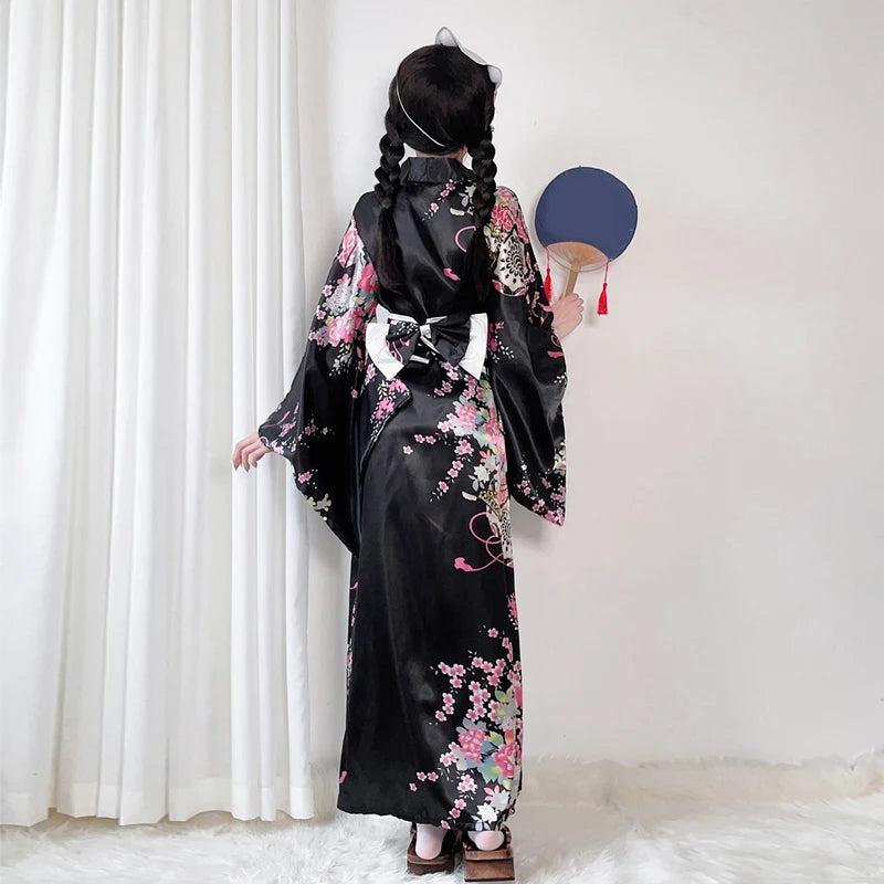 Floral Black Kimono Robe with Belt | Japanese-Inspired Loungewear