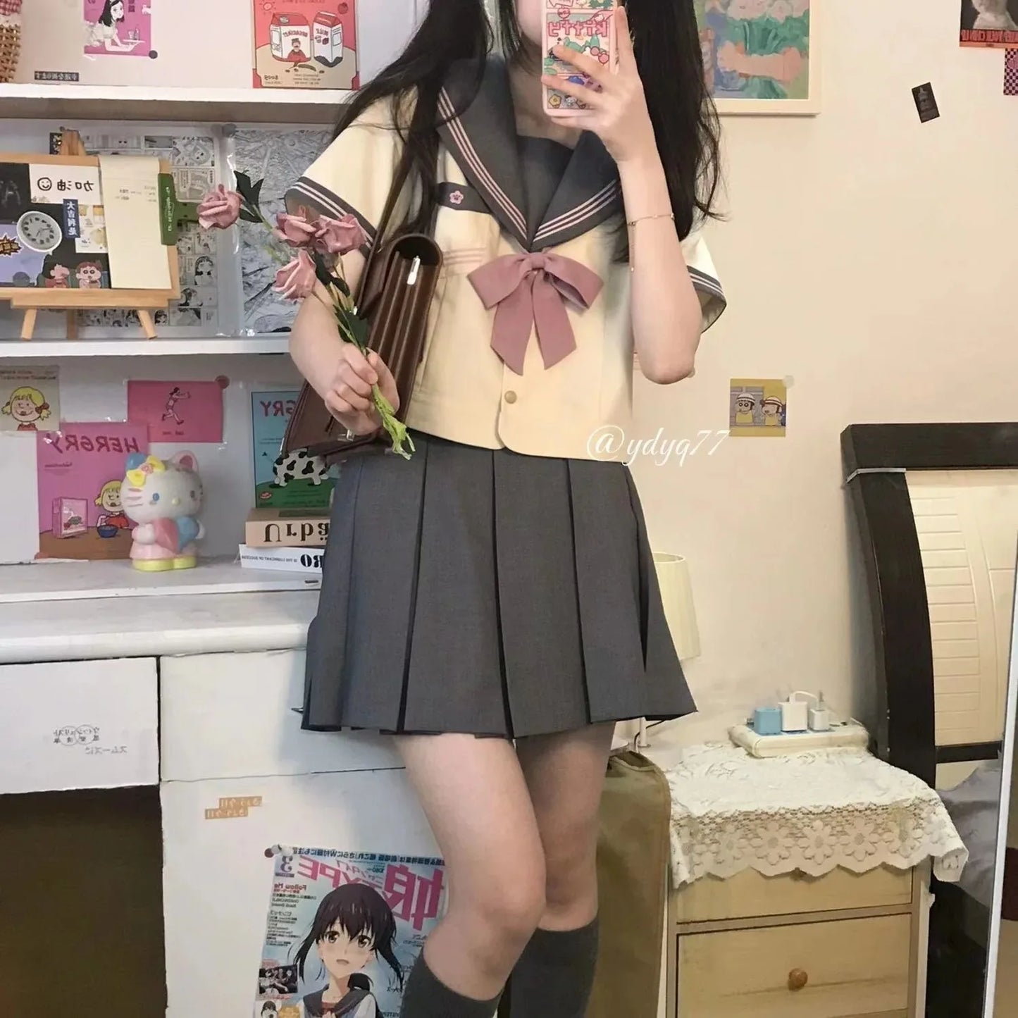 Japanese school uniform JK style set with bow top and pleated skirt for women in plus sizes