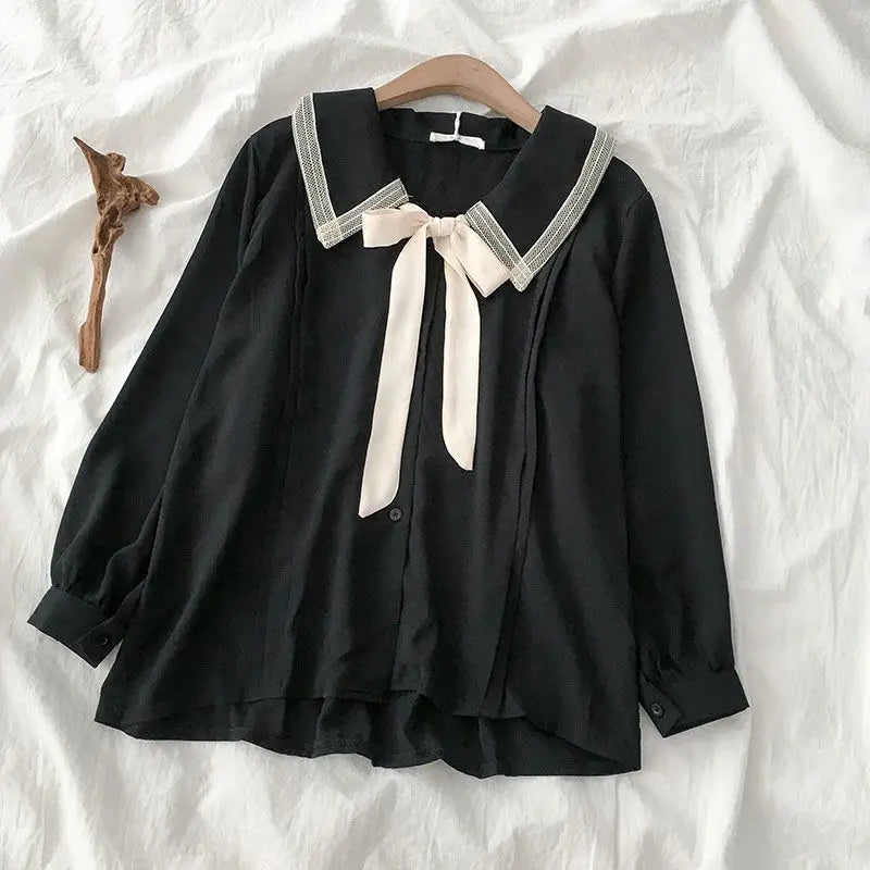 Japanese collared bow blouse for women with ribbon tie center neck