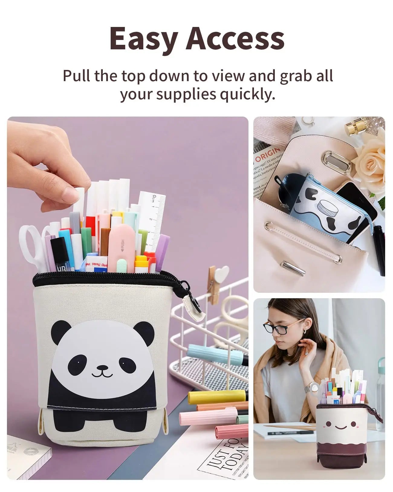 Kawaii standing telescopic pencil case in pastel colors, cute and spacious design, portable and perfect for school or office supplies.