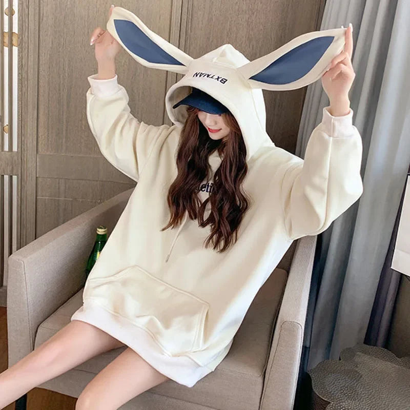Women’s Rabbit Ear Hoodie – Harajuku Kawaii Pullover, Cute Anime Sweatshirt