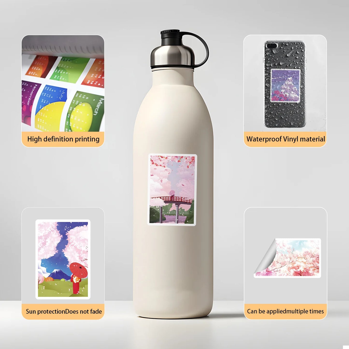 Kawaii Sakura Anime Sticker Pack (10pcs / 50pcs) – Japanese Cherry Blossom Aesthetic Laptop, Phone & Luggage Decals