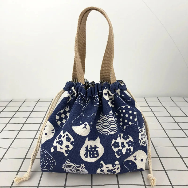 Japanese Cute Bento Bag Tote – Canvas Drawstring Lunch Bag with Multiple Designs | Reusable Eco-Friendly Lunch Tote for Kids & Adults