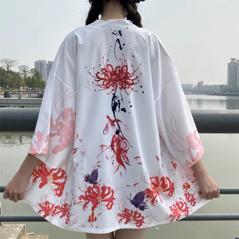 Japanese Flower Print Haori – Elegant Traditional Kimono Cardigan