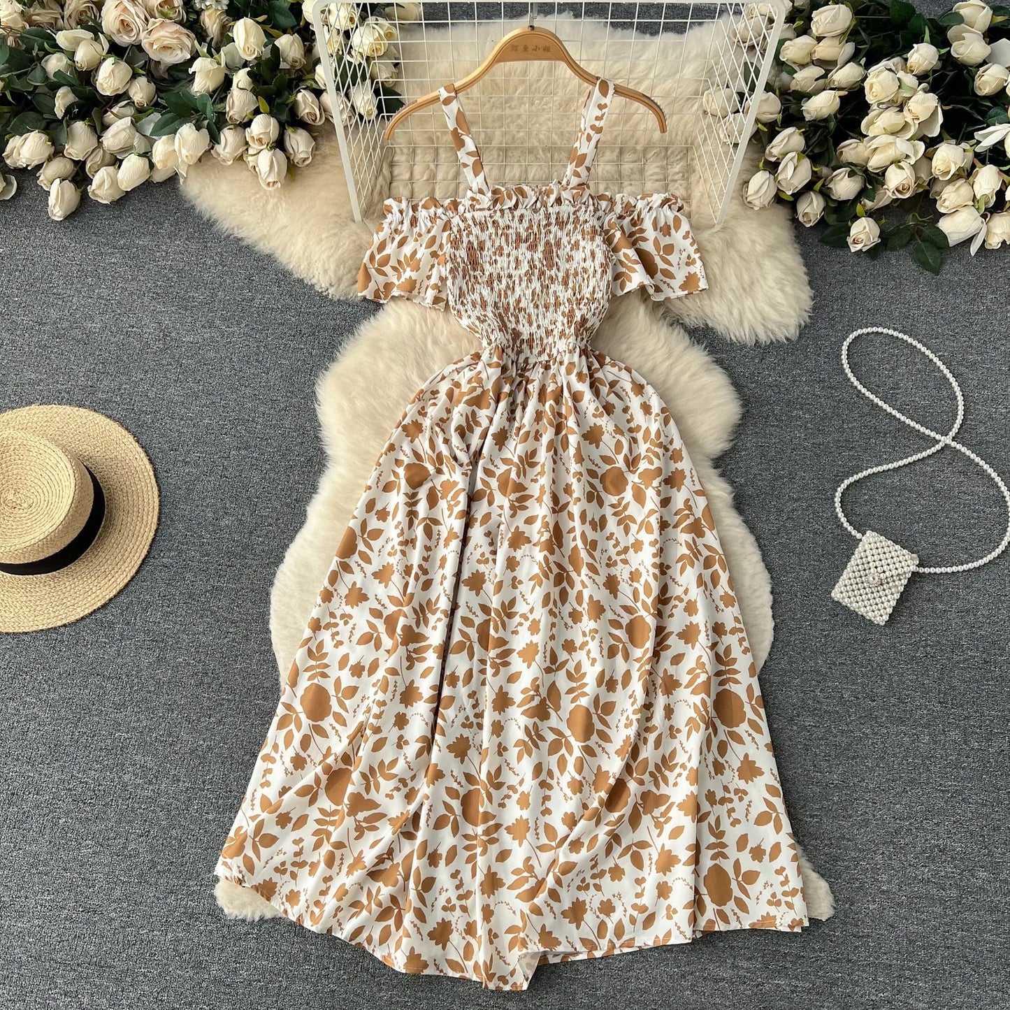 Floral Print Long Summer Dress for Women – Off-Shoulder Straps, Lightweight Maxi Dress, Beach, Garden Party, Summer Outfit