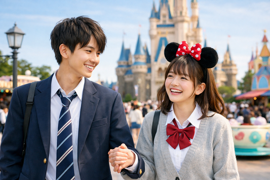 Couple wearing Japanese school uniform style outfits inspired by the Seifuku Date aesthetic