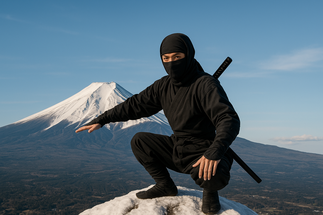 Japanese ninja performing stealth moves in traditional outfit