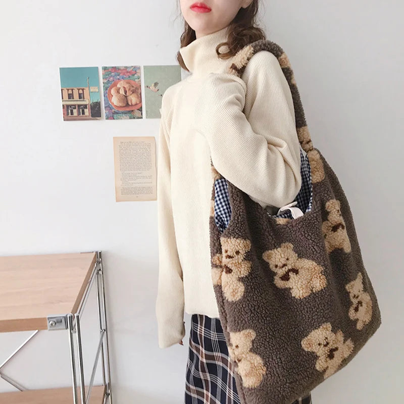 Women’s Fluffy Teddy Bear Tote Bag – Cute Kawaii Soft Shoulder Handbag with Plush Bear Pattern