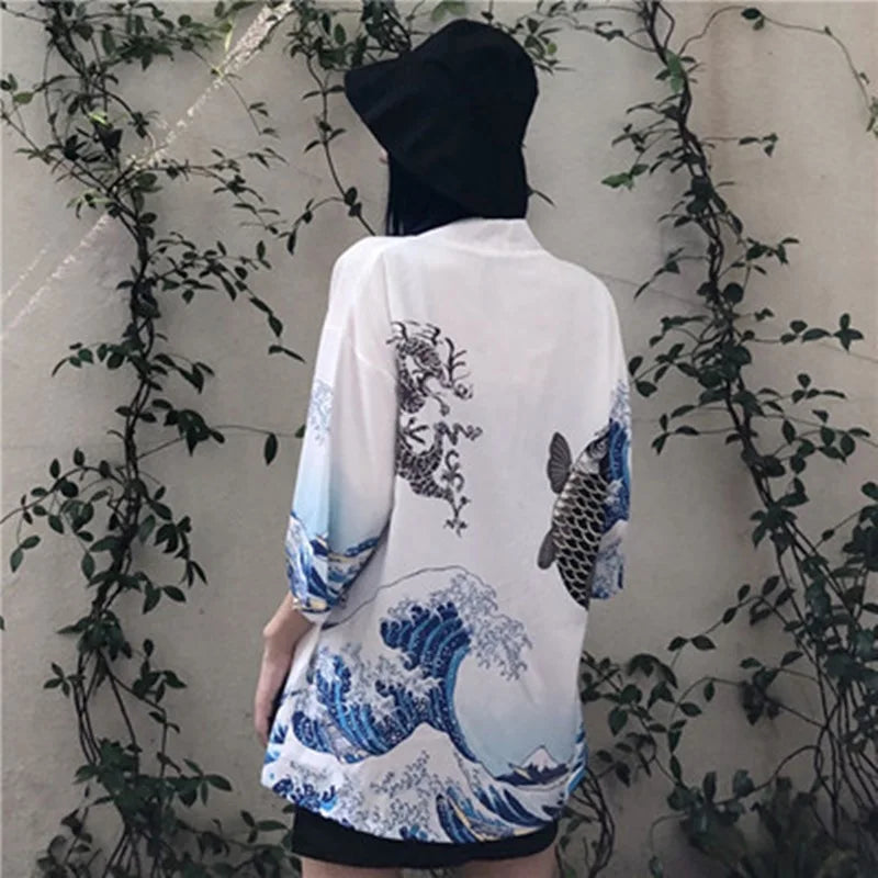 Koi Fish Kimono Cardigan for Women – Japanese Haori Yukata Jacket with Ocean Wave Print | Summer Beach Cover Up, Streetwear & Cosplay