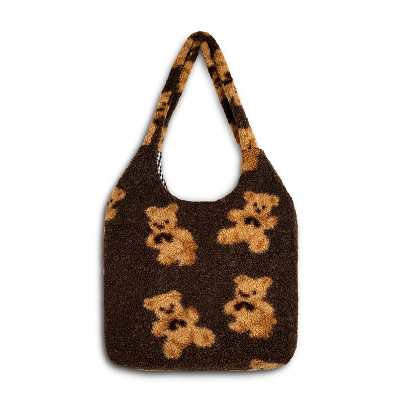 Kawaii soft shoulder bag with teddy bear pattern