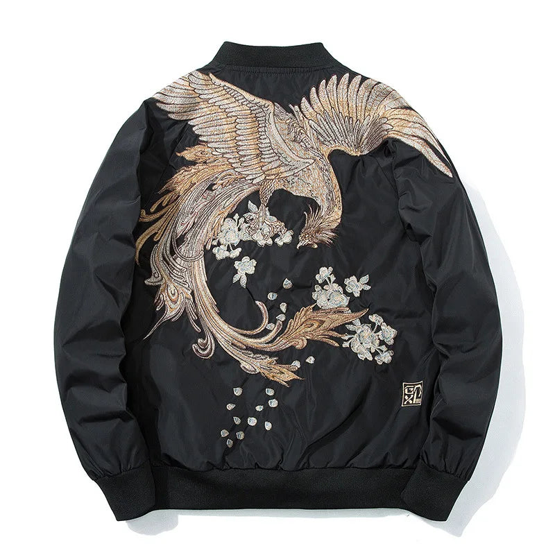 Unisex floral bird embroidery bomber jacket Japan streetwear