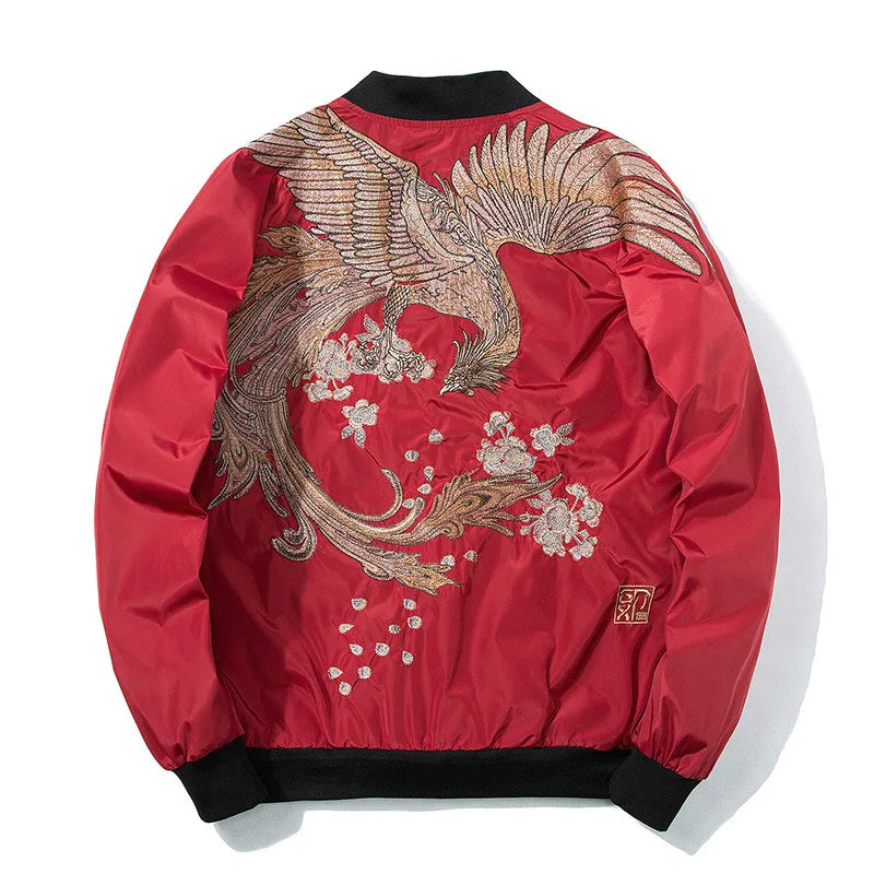 Unisex floral bird embroidery bomber jacket Japan streetwear