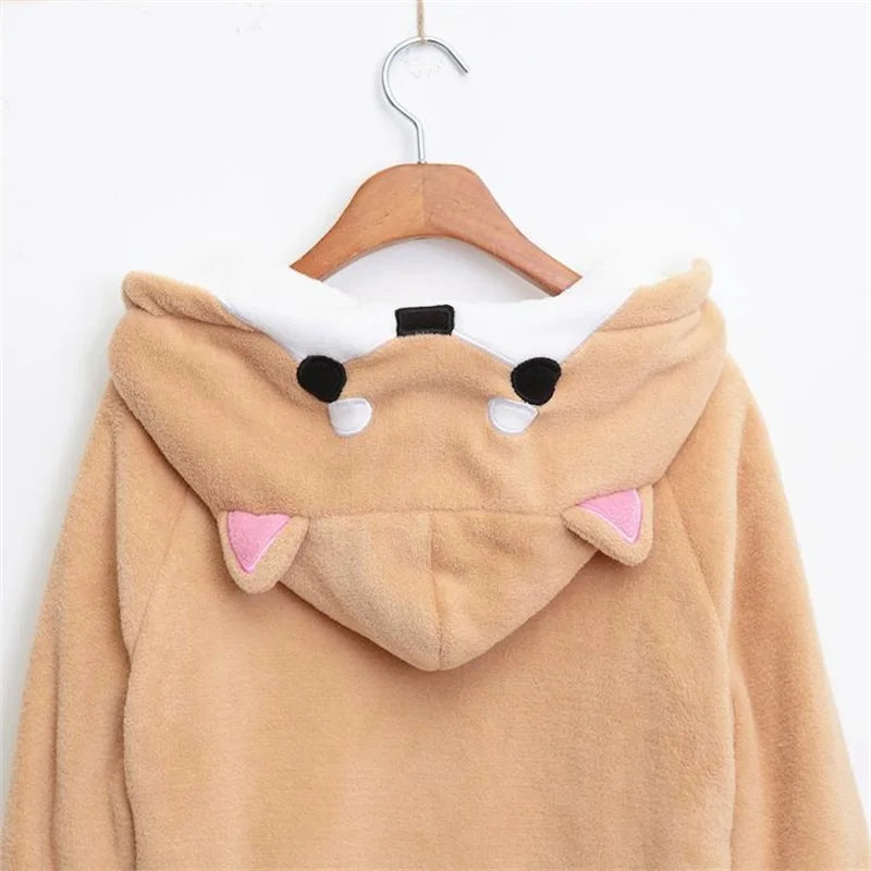 Kawaii Shiba Inu Velvet Hoodie for Women – Soft Plush Long-Sleeve Doge Sweatshirt | Japanese Streetwear Gift