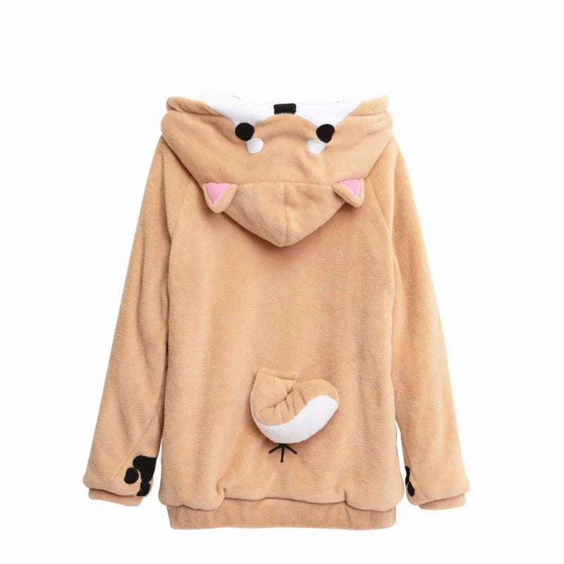 Kawaii Shiba Inu Velvet Hoodie for Women – Soft Plush Long-Sleeve Doge Sweatshirt | Japanese Streetwear Gift