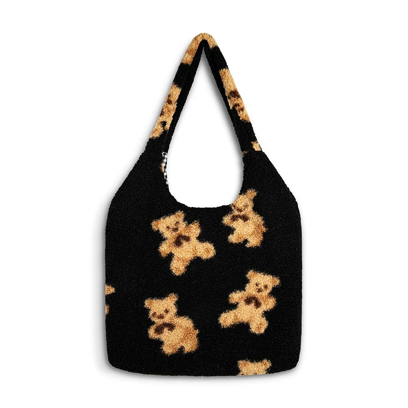 Kawaii soft shoulder bag with teddy bear pattern