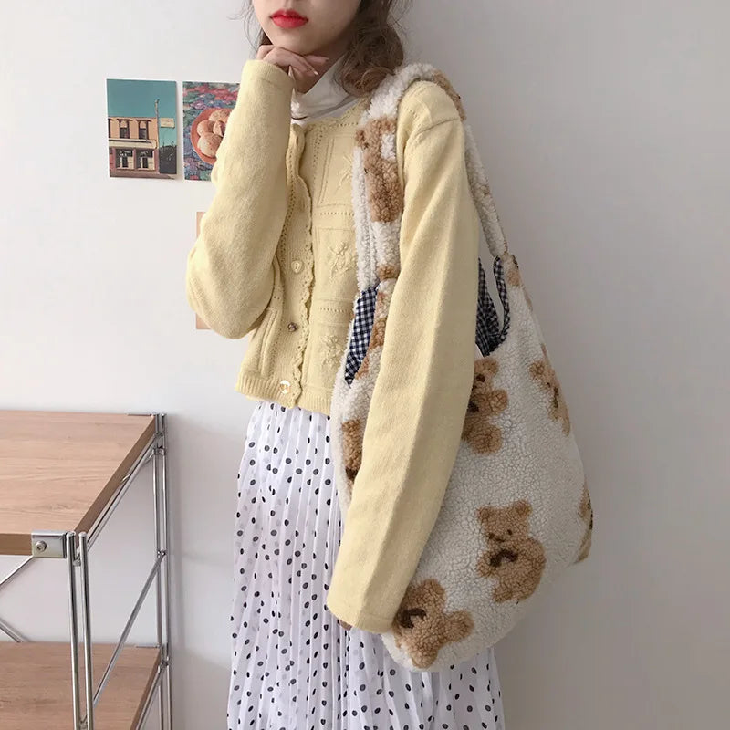 Women’s Fluffy Teddy Bear Tote Bag – Cute Kawaii Soft Shoulder Handbag with Plush Bear Pattern