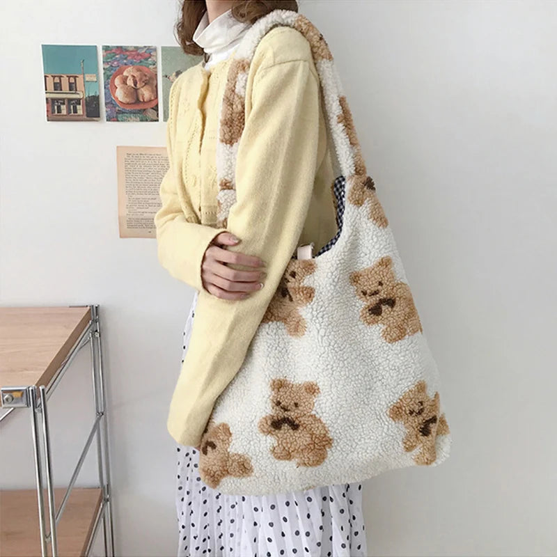 Fluffy teddy bear tote bag 33×39cm