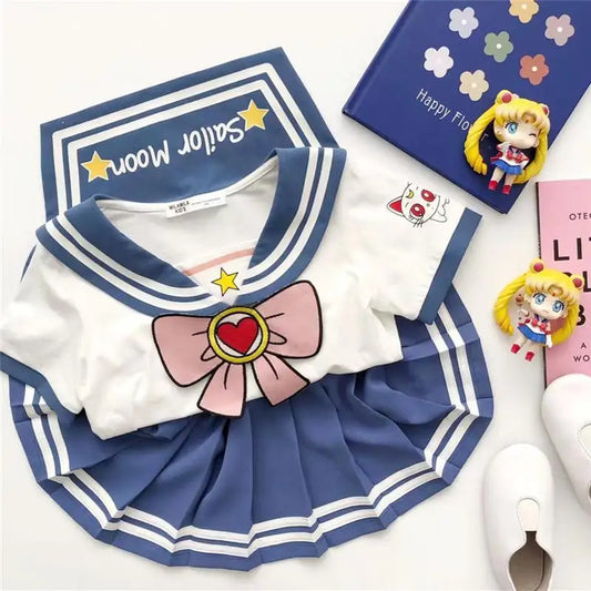 Baby Girls Summer Clothes Set – Bow Striped Top & Pleated Skirt, Sailor Moon Cosplay Party Outfit, Kids 2T-12Y