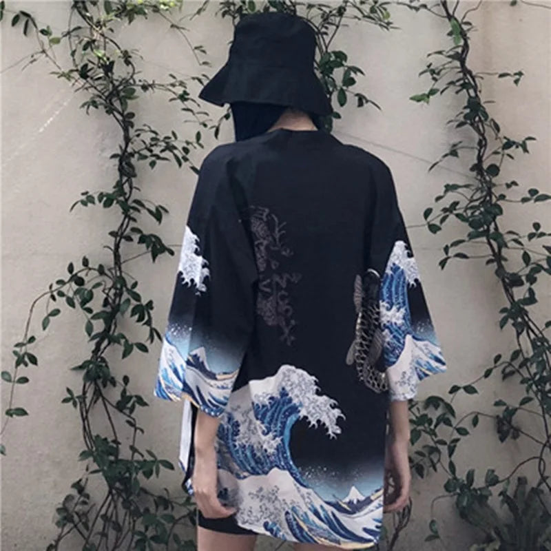 Koi Fish Kimono Cardigan for Women – Japanese Haori Yukata Jacket with Ocean Wave Print | Summer Beach Cover Up, Streetwear & Cosplay