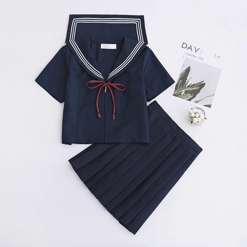 Japanese School Uniform Dress Set – Navy Blue Sailor Jacket & Pleated Skirt