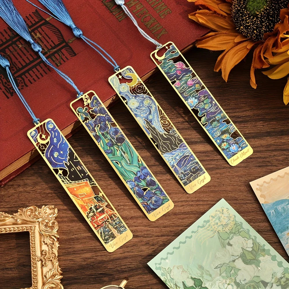 Vintage Oil Painting Metal Bookmarks with Hollow Design & Long Tassel – Perfect Stationery Gift for Book Lovers & Book Clubs