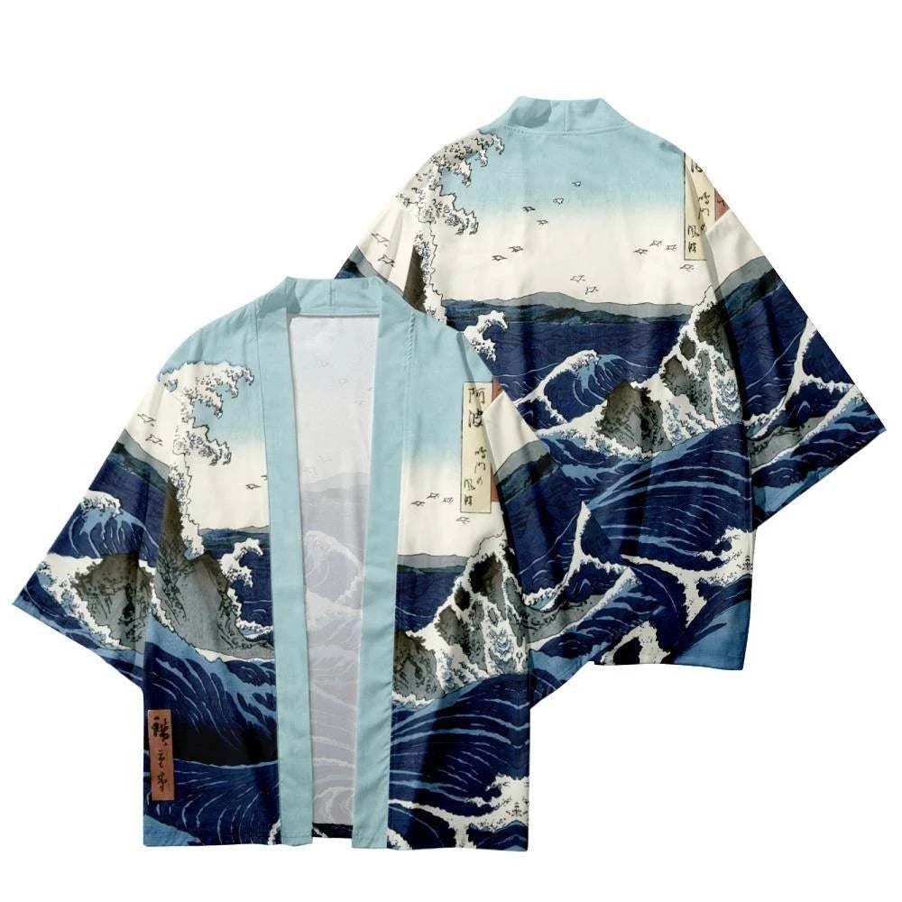 Front view of unisex Japanese wave kimono shirt, vintage haori cardigan style