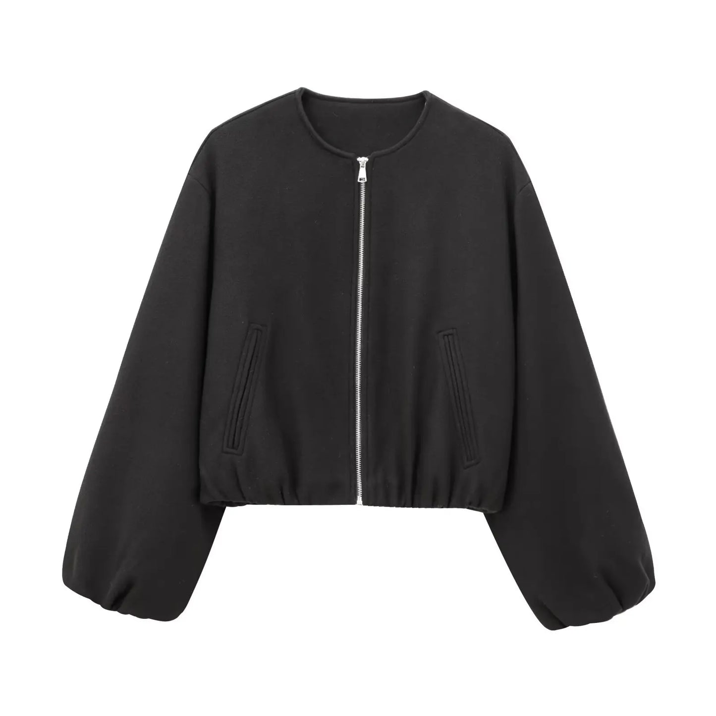 Women’s Retro Bomber Jacket – Soft Zipper Coat with Elastic Hem | Autumn Winter Long Sleeve Fashion Jacket